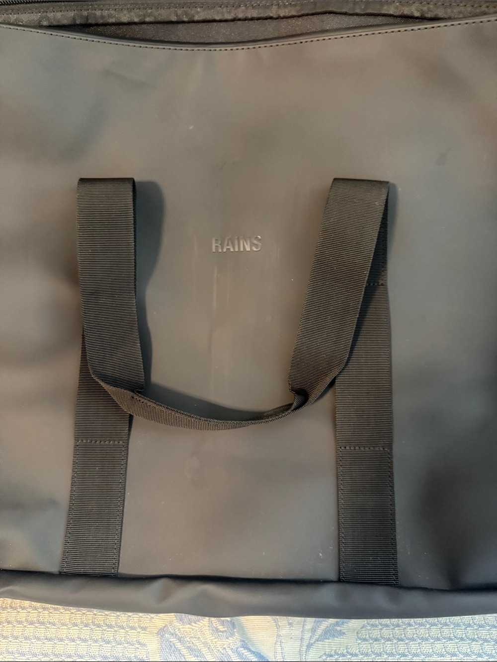 Rains Black Minimalist Tote Bag with Webbing Handles